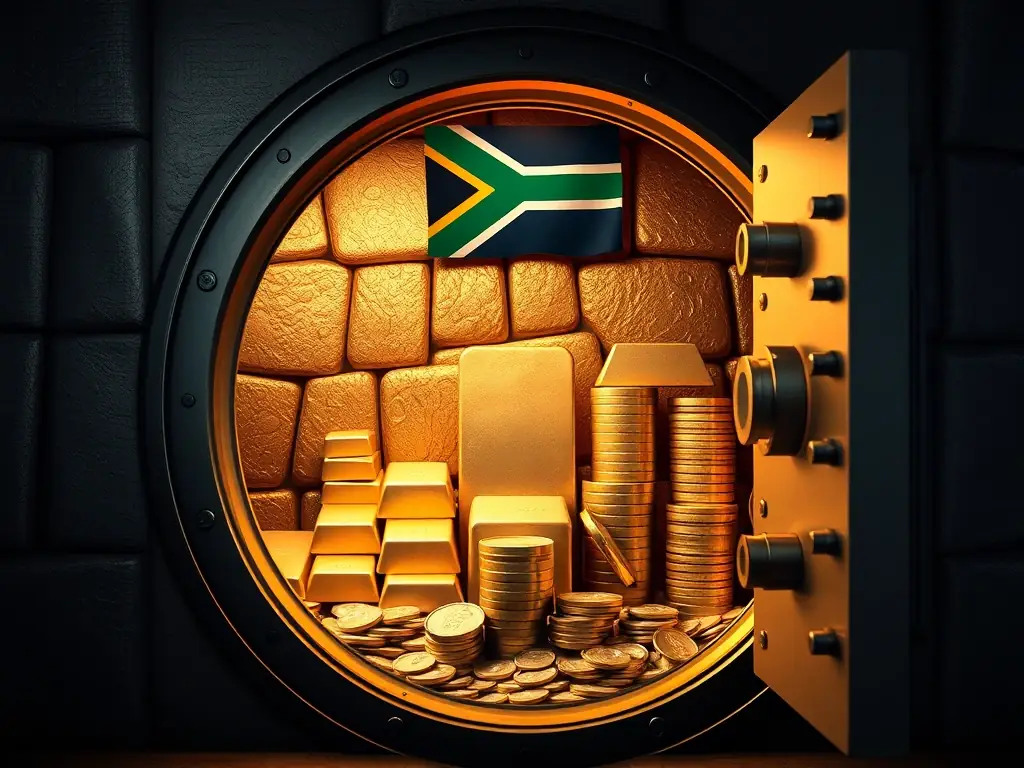 An image showing a secure vault with gold bars and valuable assets, representing wealth preservation and security, with a subtle South African flag in the background.