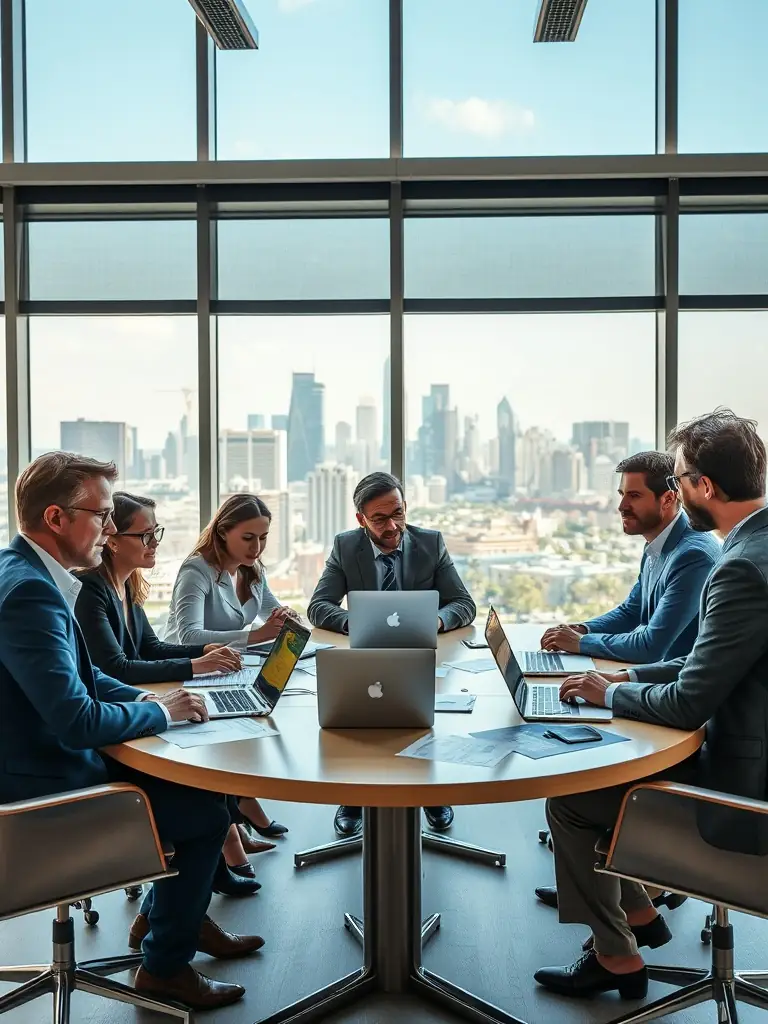 A diverse group of South African professionals collaborating on investment strategies in a modern office, reflecting teamwork and local expertise.